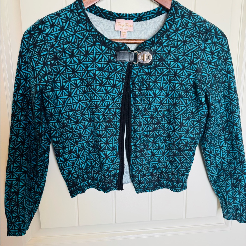 Tracy Reese Black and Teal Geometric cardigan sweater PS